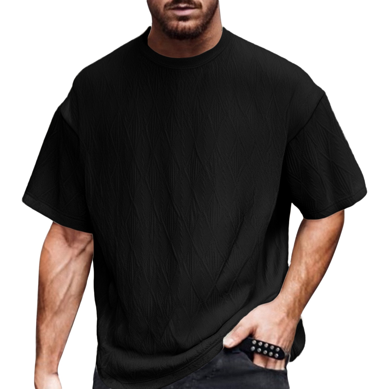 thumbnail image 2 of Camisetas informales para hombre: manga corta, cuello redondo, rayas, estilo jacquard único para el verano, cómodas y elegantes., 2 of 7